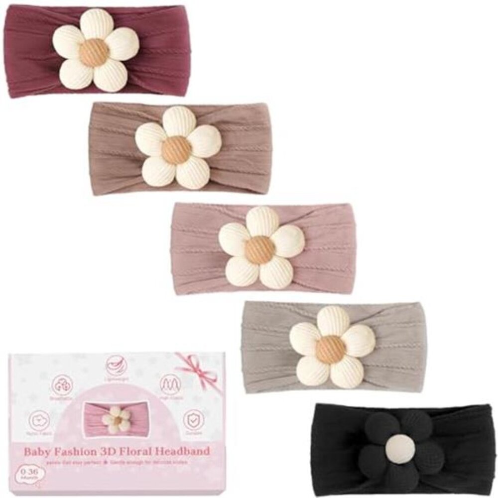 Baby Girl Headbands 5 Pack Flower Soft Nylon Newborn Infant Toddler Hair Accesso